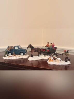 St. Nicholas Square Blue Truck, Brown Horse & Red-Accented Sleigh Village Set